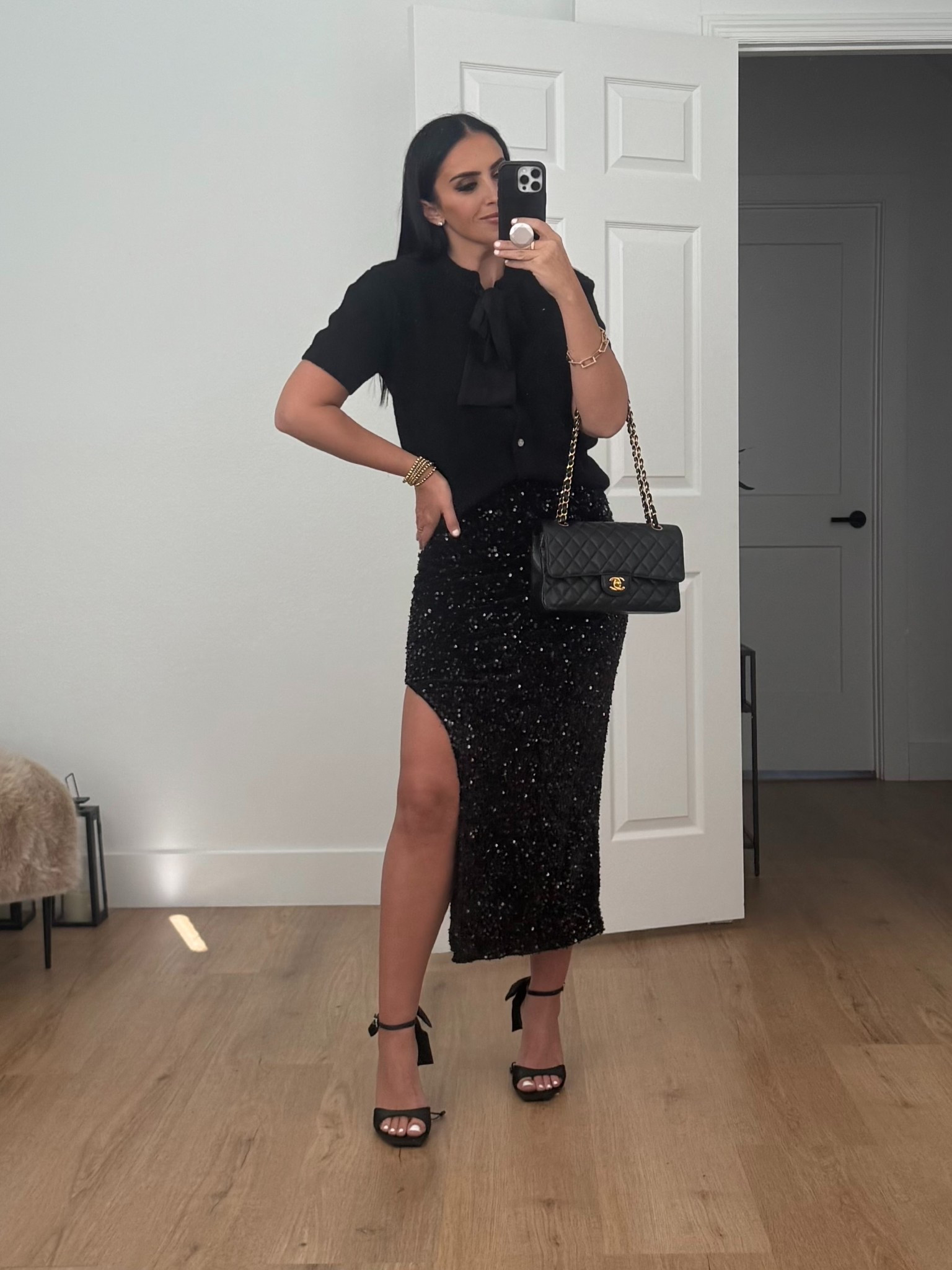 Free Assembly Women's Button-Front Bow Sweater with Short Sleeves only $24. Madden NYC Women's Sequin Velour Maxi Skirt only $16