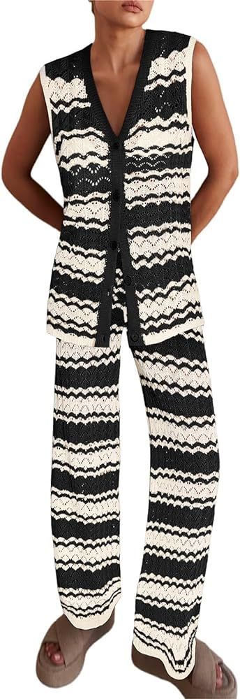 Imily Bela Womens Knit 2 Piece Sets Summer Outfits Sleeveless Vest Tops Wide Leg Pants Striped Lo... | Amazon (US)