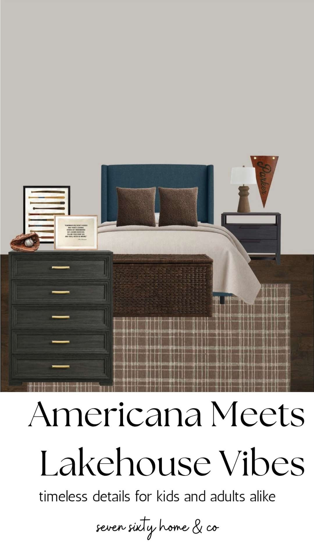 A bedroom feels collected when it mixes timeless furniture with pieces that tell a story.

This design pairs classic wood furniture, a rich blue upholstered headboard, woven textures, and warm neutral bedding with statement artwork from independent artists on Minted and Etsy. The vintage-inspired baseball collection, meaningful typography print, and personalized pennant add character you won't find in a typical furniture showroom.

If you're designing a boys' bedroom that feels traditional, timeless, and ready to grow with them, start with quality foundation pieces and finish the room with artwork that feels personal.

Everything is linked in LTK—including the furniture, lighting, bedding, rug, and unique art sources. 

 #LTKSeasonal #LTKHome #LTKKids