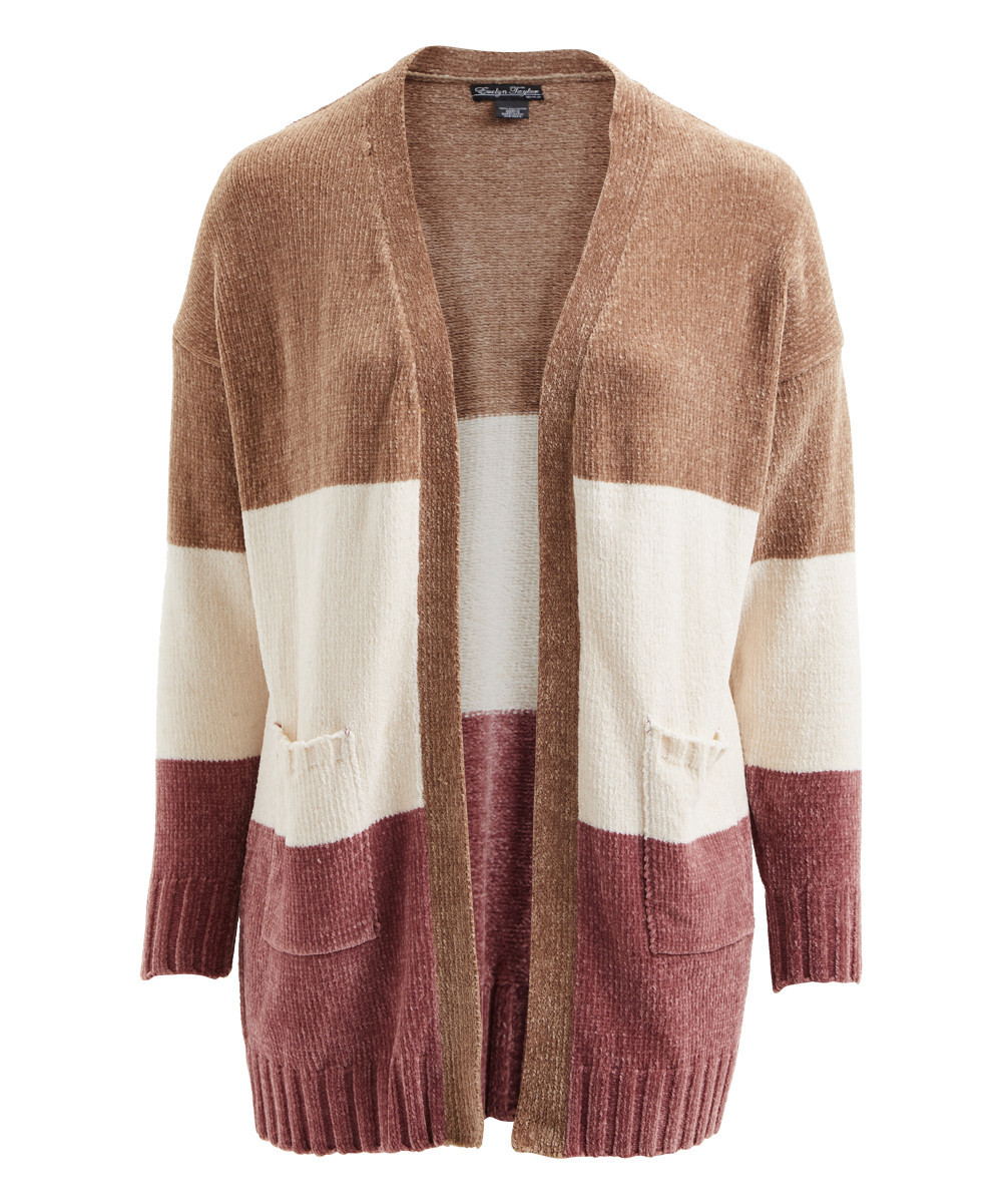 Evelyn Taylor Women's Open Cardigans - Tan & Rose Color Block Chenille Open Cardigan - Women & Plus | Zulily