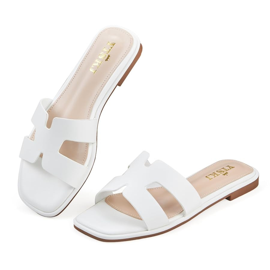 Sandals For Women 2025 Dressy Flat Slides Open Toe Sandals Comfortable Soft Leather Slides Slip O... | Amazon (US)