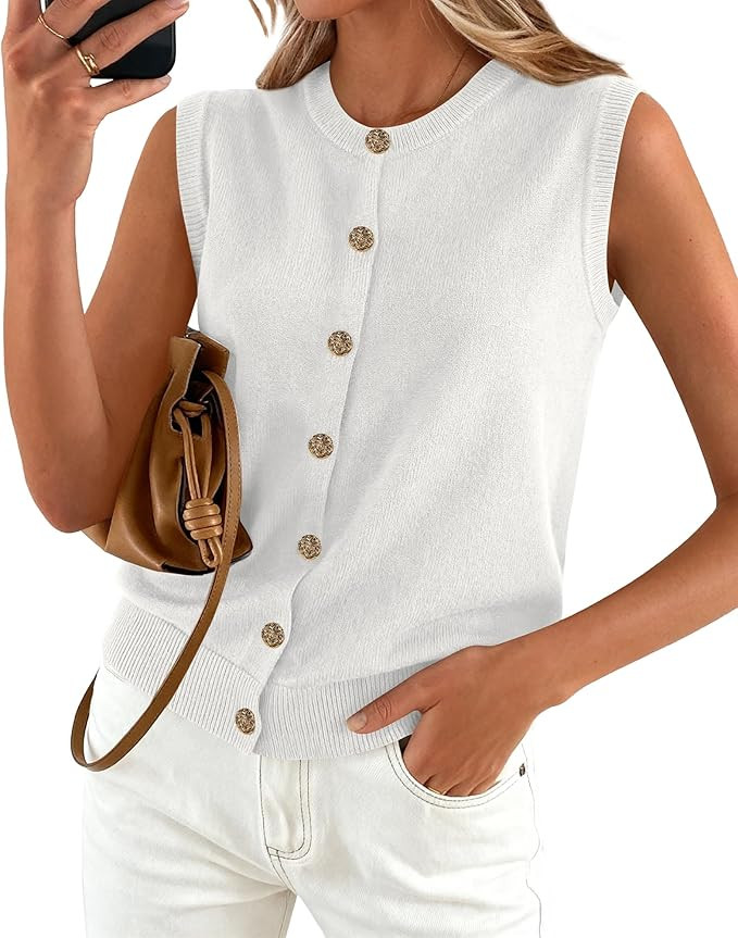 BTFBM Sweater Vest Women Casual Crewneck Loose Button Down Knit Sleeveless Cardigan 2026 Spring C... | Amazon (US)