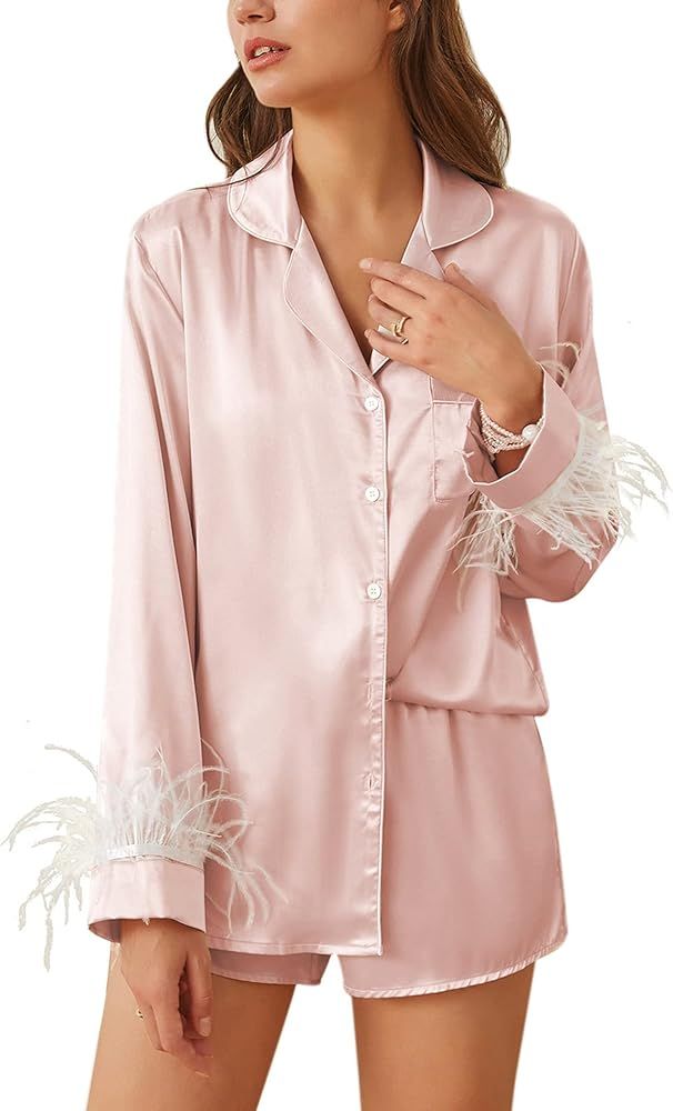 Ekouaer Women's Bridal Feather Trim Silk Satin Pajama Set Long Sleeve Lounge Sets Sleepwear (Remo... | Amazon (US)