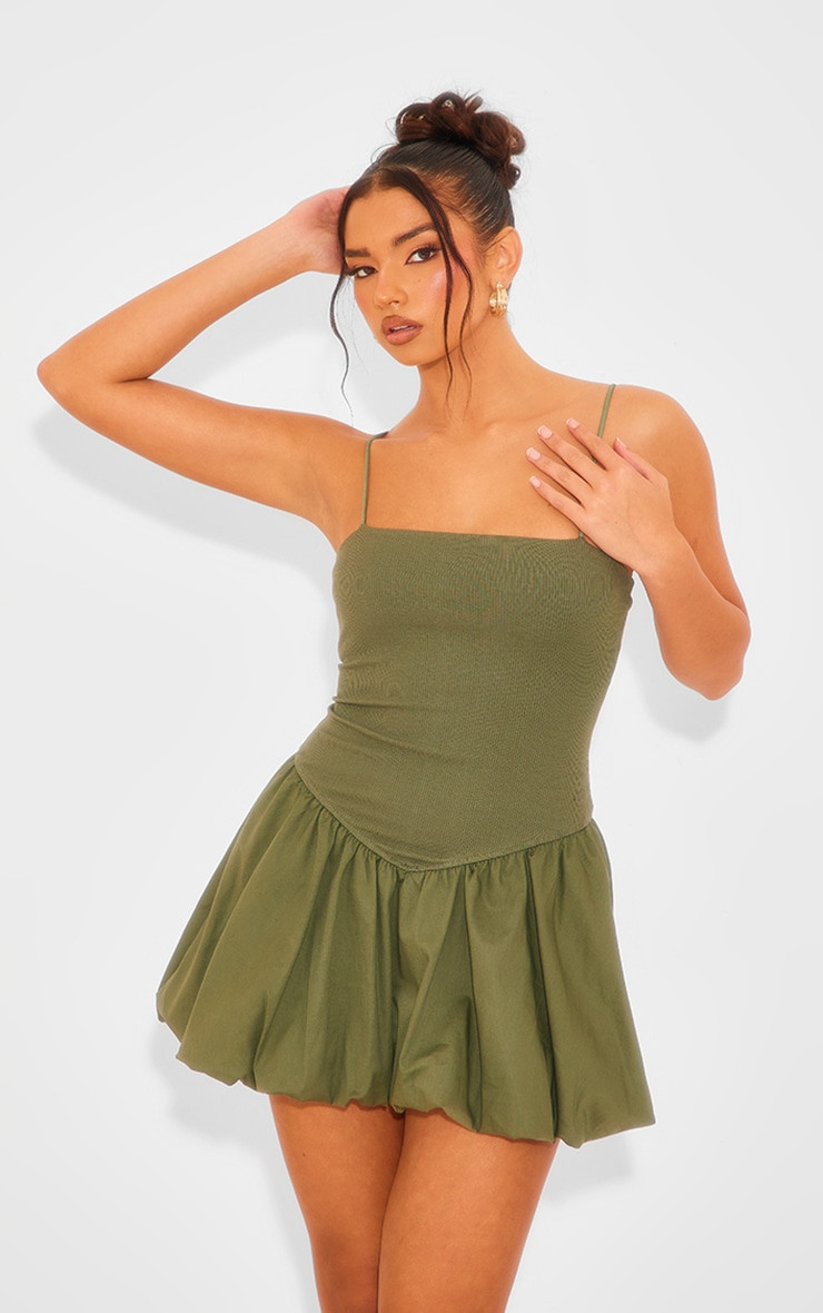 Khaki Woven Ribbed Puffball Mini Dress | PrettyLittleThing US