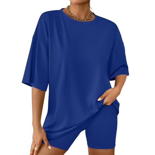 AUTOMET Womens 2 Piece Sets Summer Outfits 2026 Two Piece Lounge Set Matching Clothing Oversized Tshirts Biker Short FashionDark Blue M | Amazon (US)