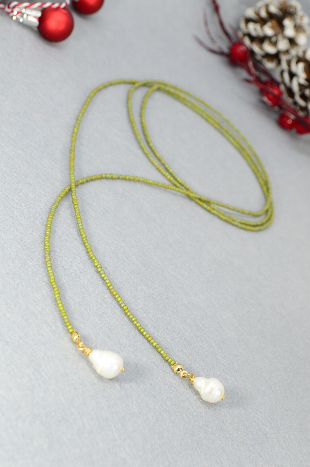 Beaded Lariat Necklace with Baroque Pearl Pendant. Extra long necklace. Olive Green Y-Design Bead... | Etsy (US)