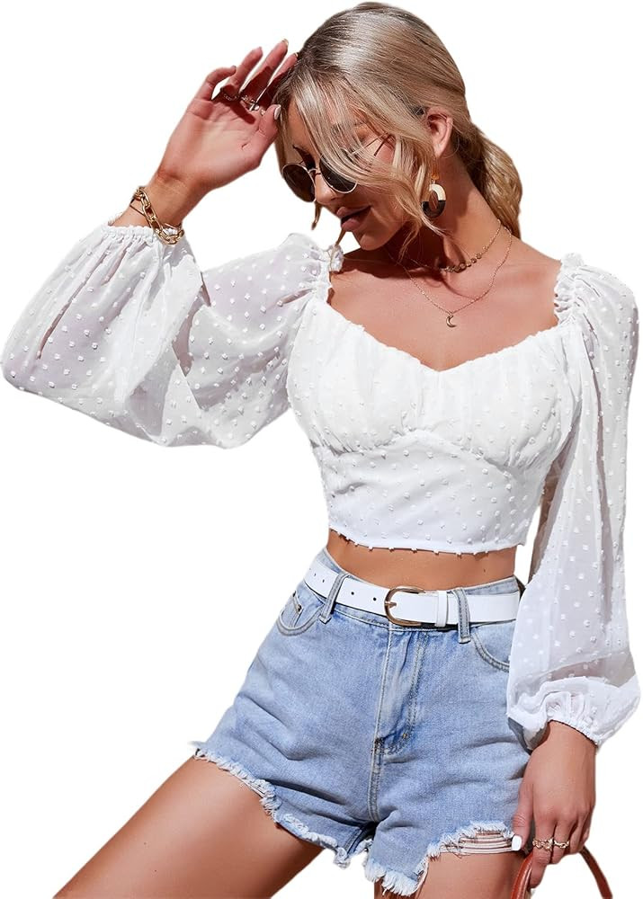 MakeMeChic Women's Swiss Dots Frill Trim Bishop Sleeve Crop Blouse | Amazon (US)