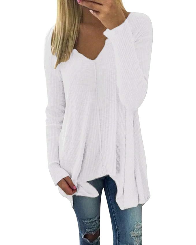 ZANZEA Womens Knit Tunic Tops Blouse Henley V Neck Pullover Sweater Loose Plain Shirts | Amazon (US)