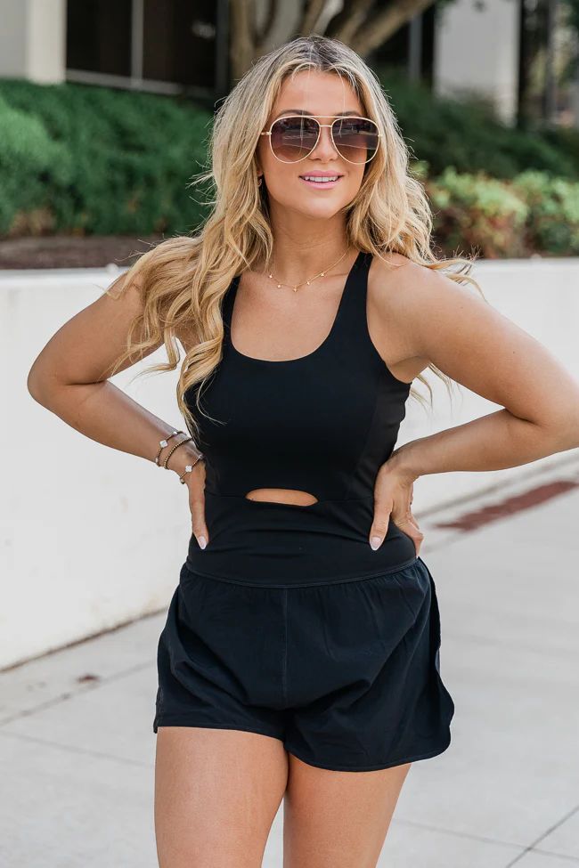 You're Thriving Black Active Keyhole Romper | Pink Lily