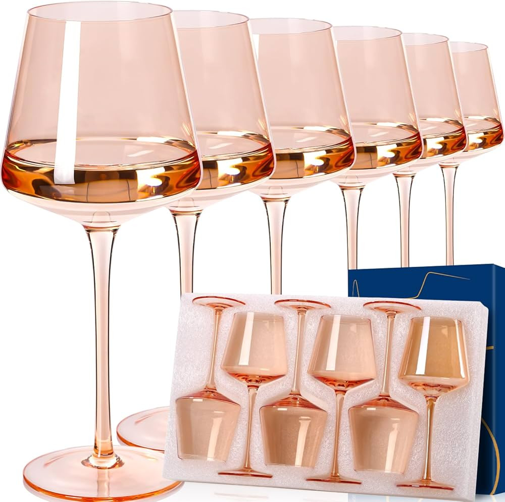 Light Pink Wine Glasses Set of 6,18oz Blush Pink Wine Glassware Gift Set -Light peach Hand Blown ... | Amazon (US)