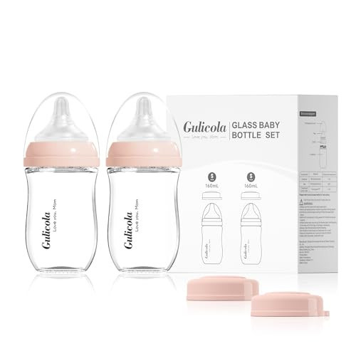 Gulicola Natural Glass Baby Bottle for Breastfeeding Babies, Newborn Anti-Colic Bottle Set with Slow Flow Nipple, 0-3 Months, 5 oz, 2 Pack - Pink | Amazon (US)