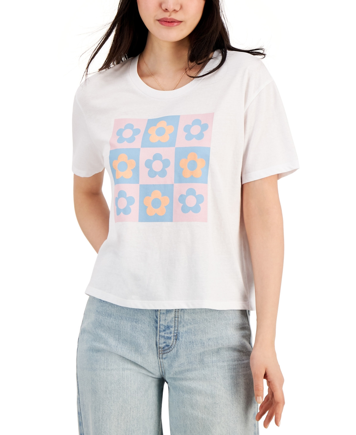 Rebellious One Juniors' Checkered Flower Graphic-Print T-Shirt | Macys (US)