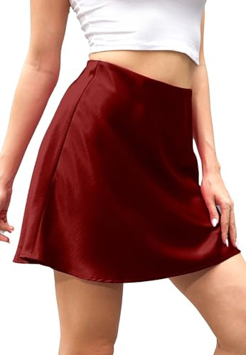 Mist Azur Women's Elegant Silky Satin Mini Skirt High Waist Ruffle Bias Cut Short Skirt Leopard Print Mini A Line Skirts for Women 7805 (Burgundy, S) | Amazon (US)