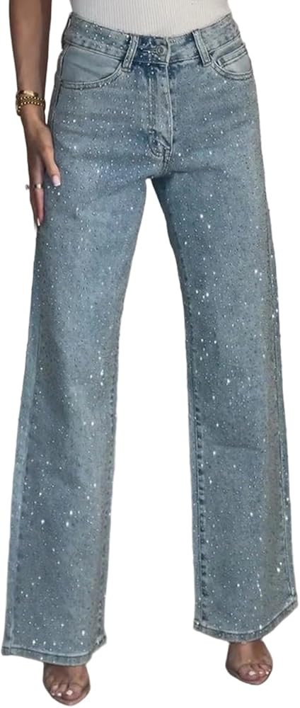 NRTHYE Womens High Waisted Rhinestone Jeans Baggy Straight Wide Leg Shiny Diamond Casual Denim Pa... | Amazon (US)