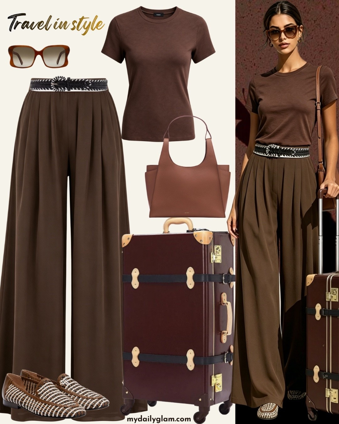 Travel in Style Chocolate Brown Effortless Outfit #ChocolateBrownTravelStyle #TravelInStyleOutfit #AirportChicFashion #ChocolateToneCasualChic #EffortlessTravelLook