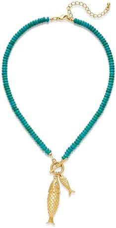 Gold Fish Necklace For Women Blued Beaded Strand Toggle Necklace With Gold Fish Pendants Dainty S... | Amazon (US)