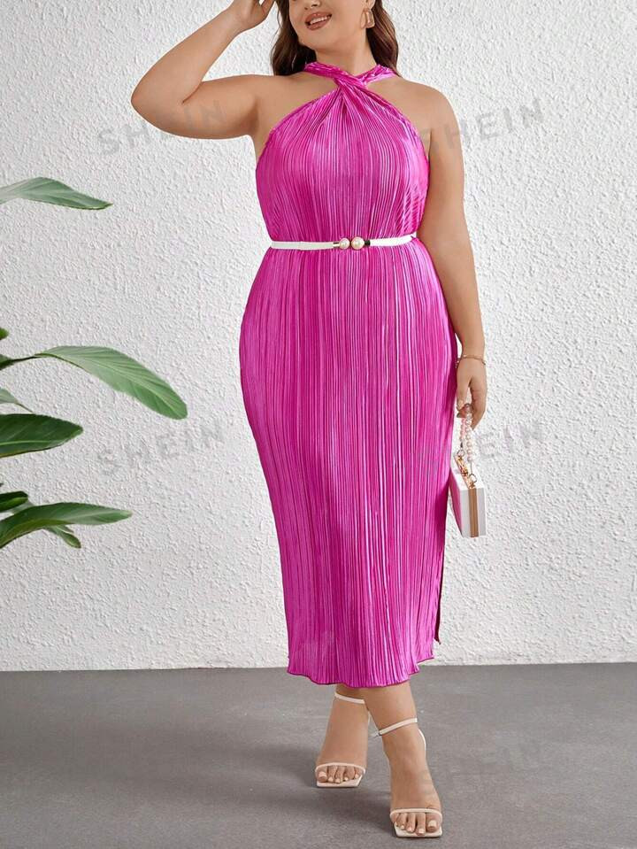 SHEIN Privé Plus Size Elegant Twisted Neckline Pleated Slit Maxi Dress, Perfect For Romantic Vac... | SHEIN