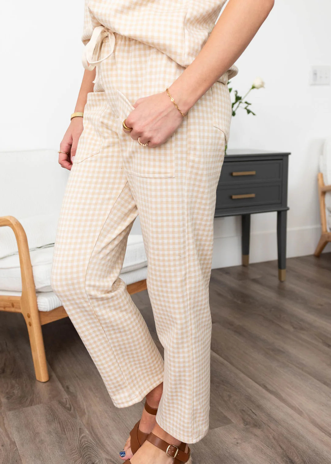 Leila Beige Gingham Knit Pants | My Sister's Closet Boutique