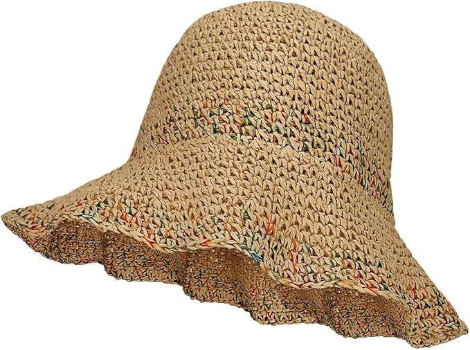Women Straw Sun Hat Foldable Beach Hat Wide Brim Floppy Bucket Hat with Colored Rope (Colored Rop... | Amazon (US)