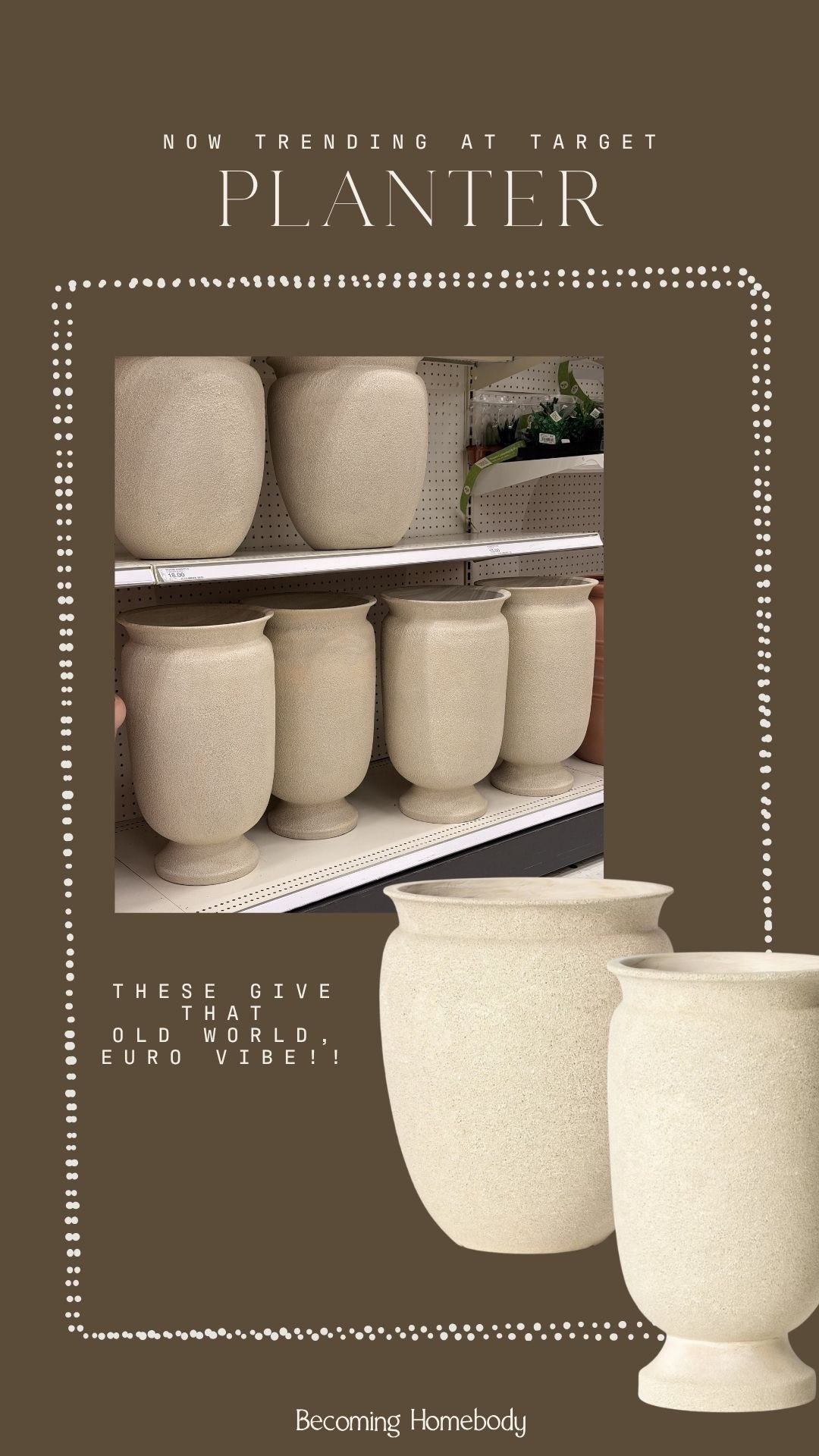 These planters at Target have such a classic, old world feel. 🤎🤎

The texture and shape are simple but elevated, and they pair well with just about any exterior style. Really good for adding a more finished, collected look to a porch or entry!! 
#targetpartner @target #target #Itkhome #targetfinds #planterinspo #europeanstyle #oldworldstyle #neutralhome #homedecorfinds #frontporchdecor #organicmodern #timelessdesign