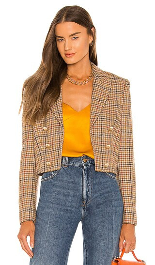 Inez Cropped Blazer in Khaki Multi Plaid | Revolve Clothing (Global)