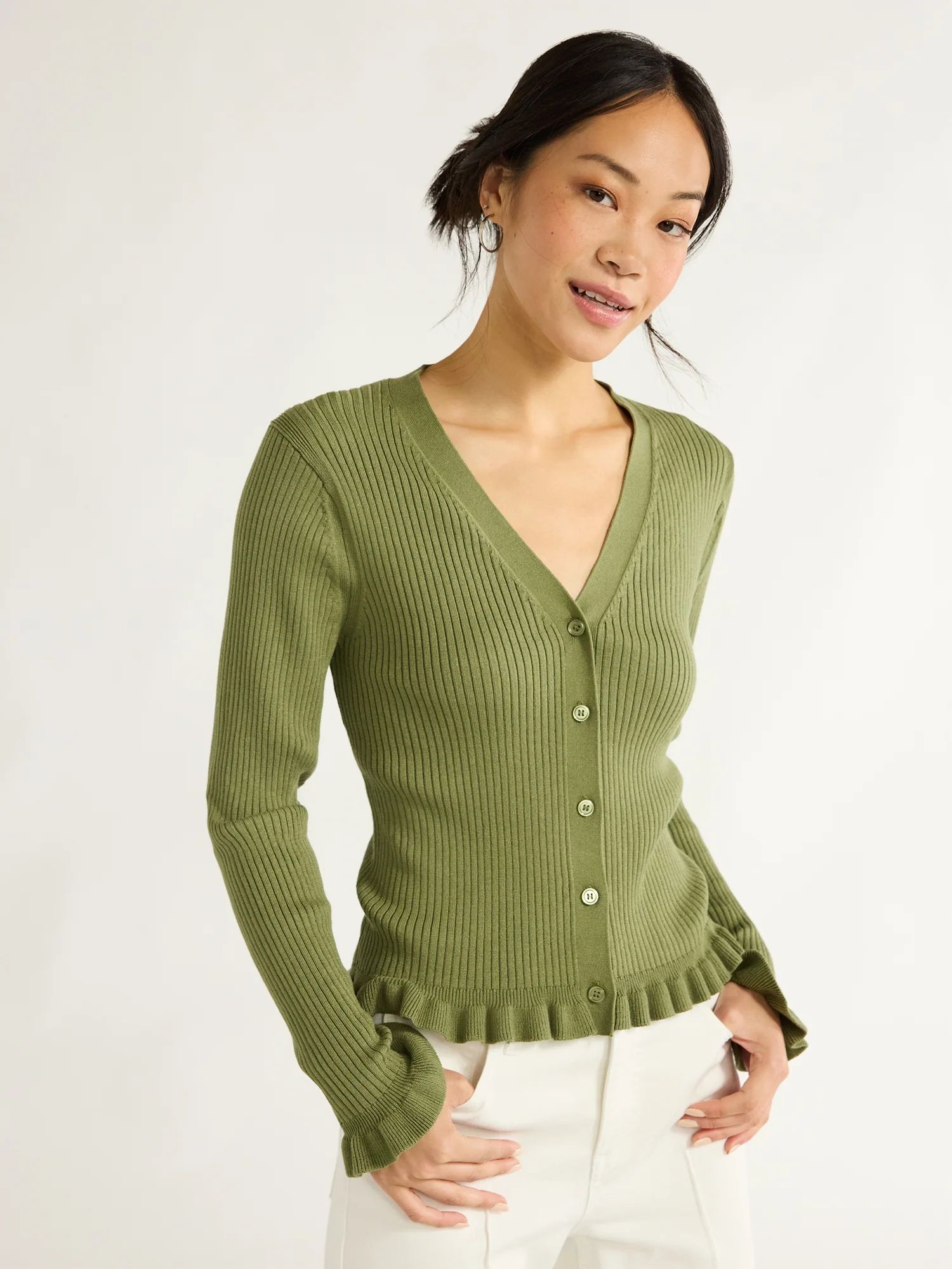 Free Assembly Women's Ruffle Hem Cardigan Sweater with Long Sleeves, Lightweight, Sizes XS-XL | Walmart (US)