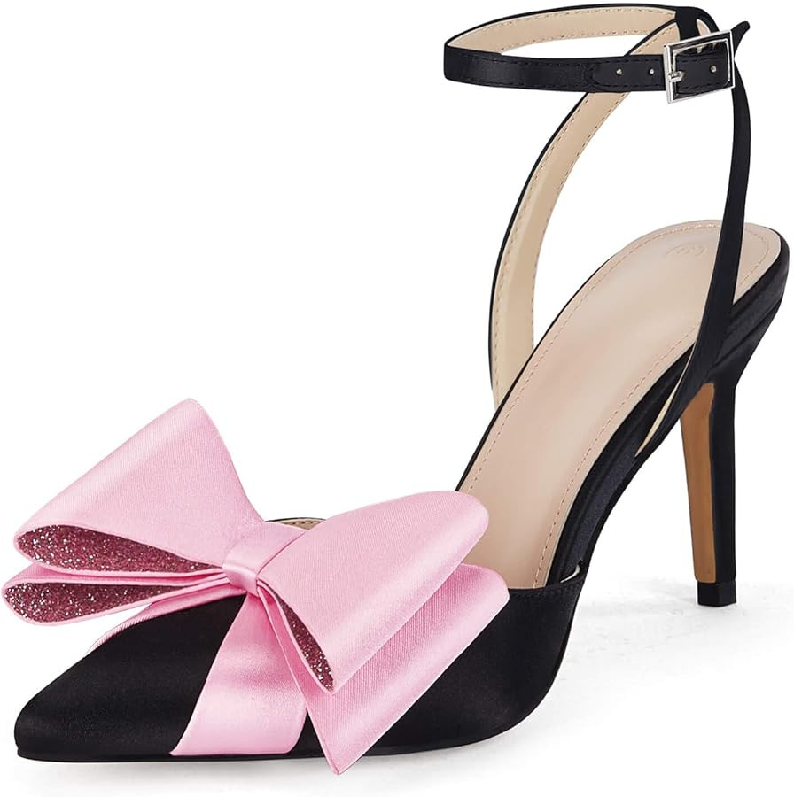 Coutgo Bow Black Heels for Women Rhinestone Closed Toe High Heel Strappy Dress Wedding Bridal Pum... | Amazon (US)