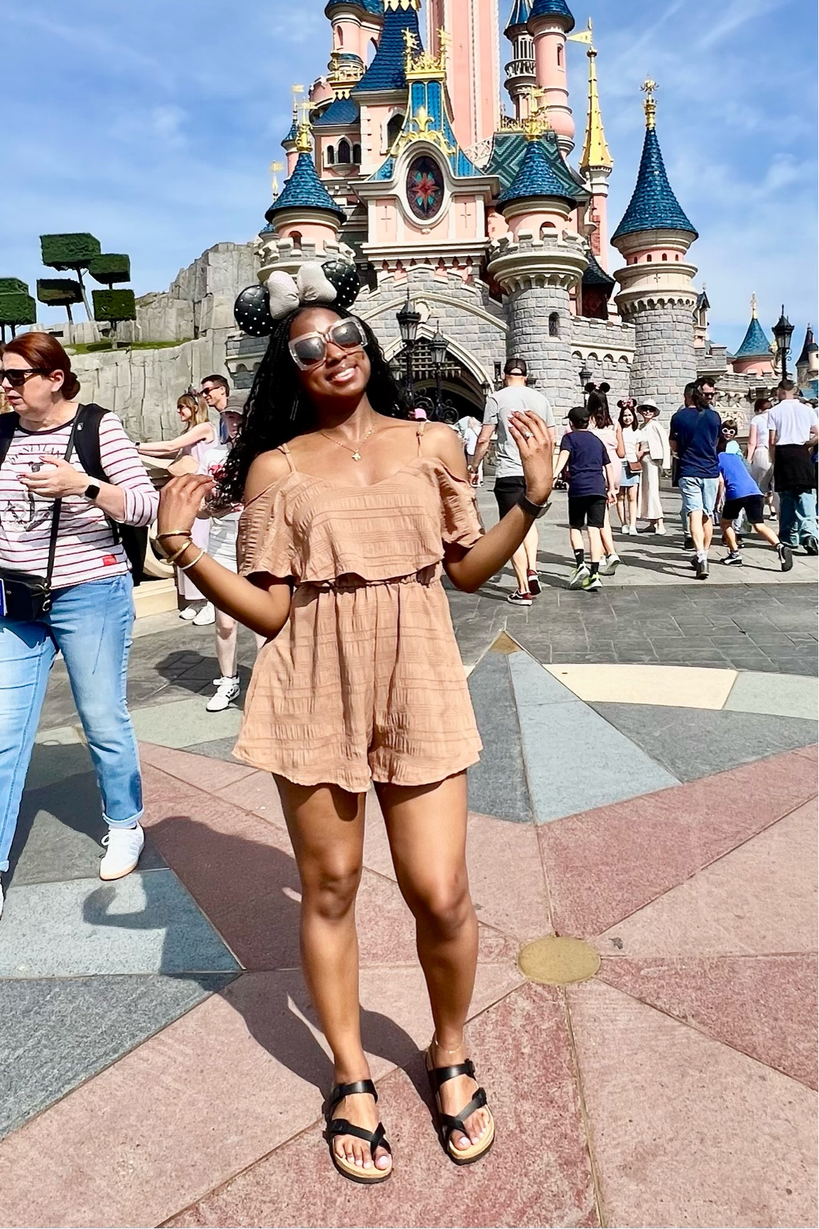 Really Cute Khaki Cold Shoulder Romper, Oversized Square Frame Sunglasses, Black Comfortable Cushionaire Luna Cork Footbed Sandal, Yellow Gold Roman Numerals Detail Bangle, Gold Anklet, Gold Tennis Bracelet 

#LTKOver40 #LTKSeasonal #LTKStyleTip