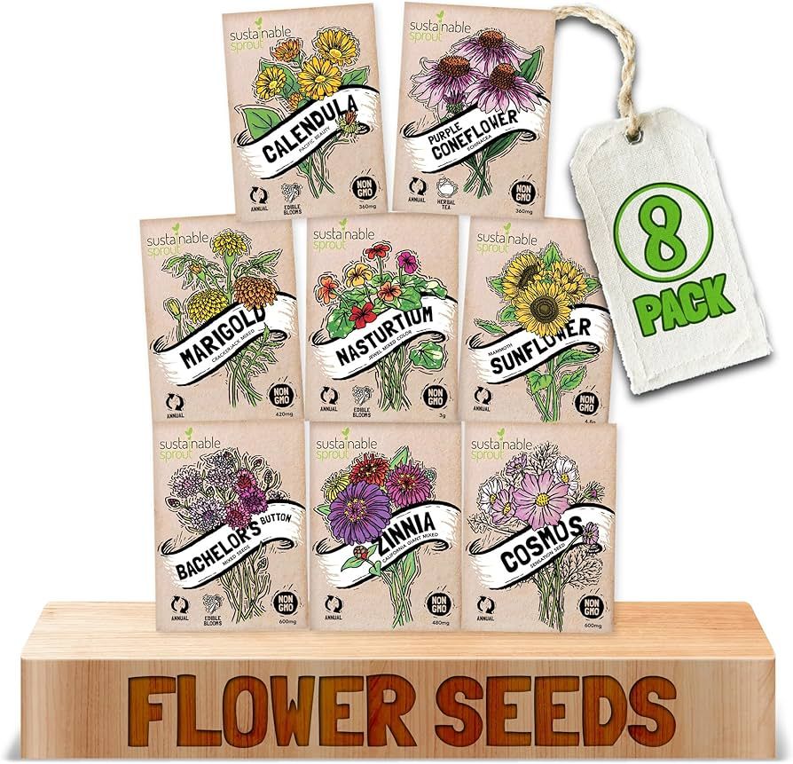 SUSTAINABLE SPROUT Flower Seeds Variety Pack of 8: Zinnia, Nasturtium, Marigold, Purple Coneflowe... | Amazon (US)