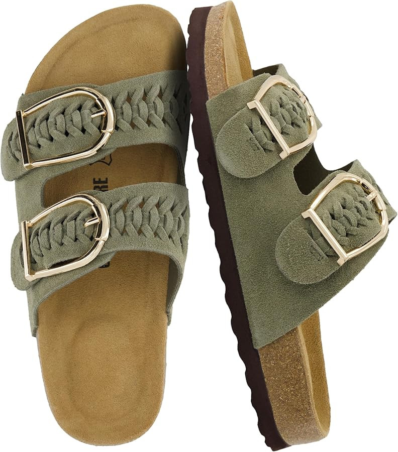 CUSHIONAIRE Cashew Slip On Womens Sandals, Genuine Suede Leather Braided Double Strap Slide On Sa... | Amazon (US)