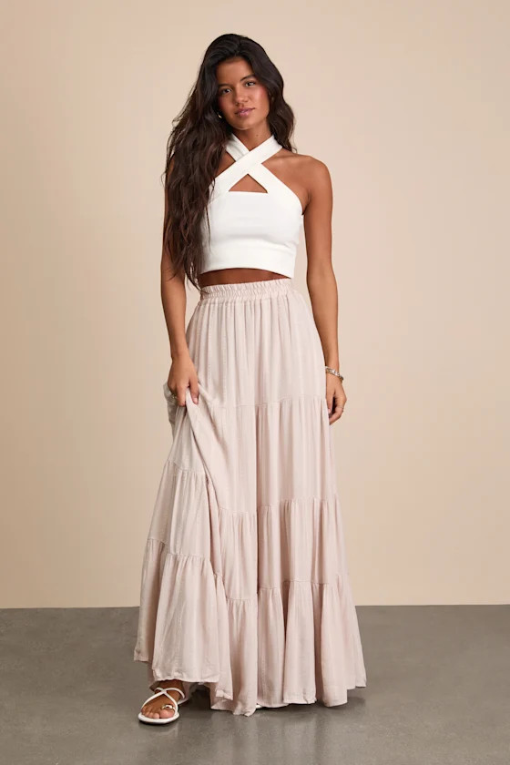 Sunset by the Sea Light Beige Embroidered Tiered Maxi Skirt | Lulus