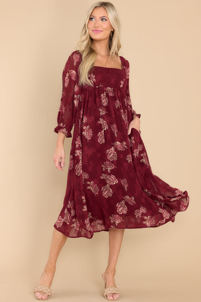 Full Of Beauty Burgundy Floral Print Midi Dress | Red Dress 