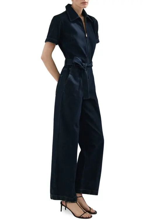 MANGO Belted Denim Jumpsuit in Open Blue at Nordstrom, Size Small | Nordstrom