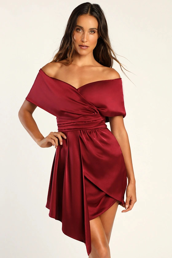 Always Celebrating Burgundy Satin Off-the-Shoulder Mini Dress | Lulus