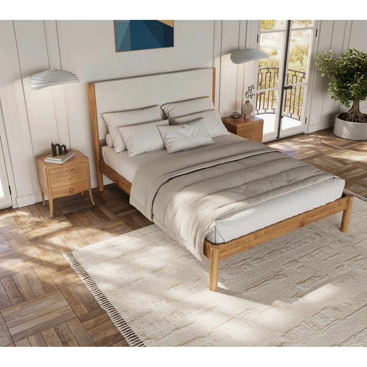 Ardin Solid Wood Bed Frame With Cream Boucle Upholstered Headboard | Wayfair North America