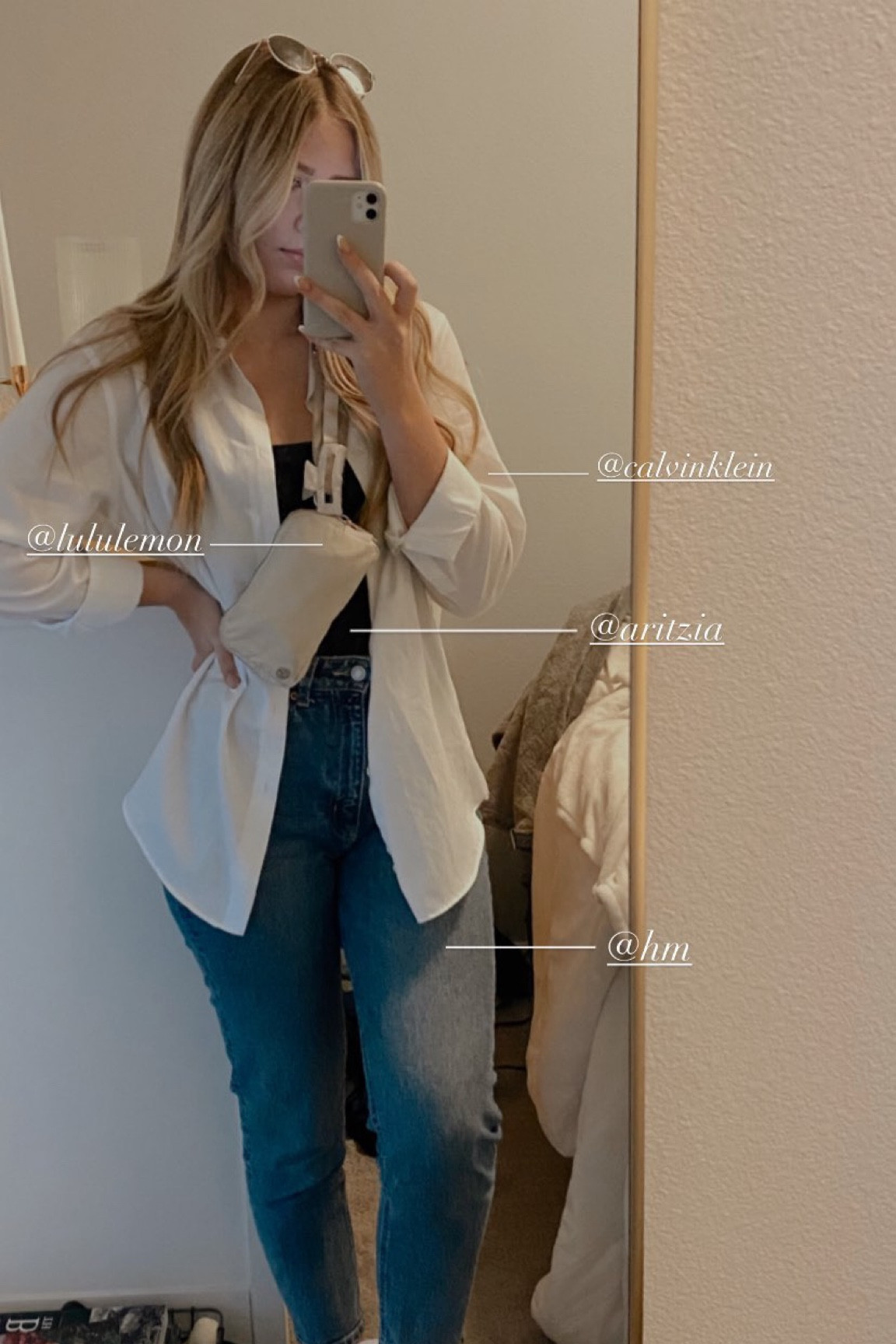 a cute classic white over shirt with a bodysuit and jeans look for errands, brunch with girlfriends, or shopping with your best friend 🤍 

shirt: Calvin Kline, bodysuit: aritzia, jeans: H&M, shoes: nike air force 1’s, belt bag: lululemon, sunglasses: american eagle, iphone 11 phone case: cordking on amazon #LTKunder100 #LTKunder50

#LTKstyletip