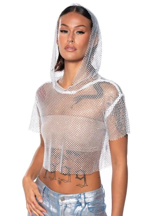 NORTH STAR RHINESTONE MESH HOODED CROP TOP IN WHITE | AKIRA