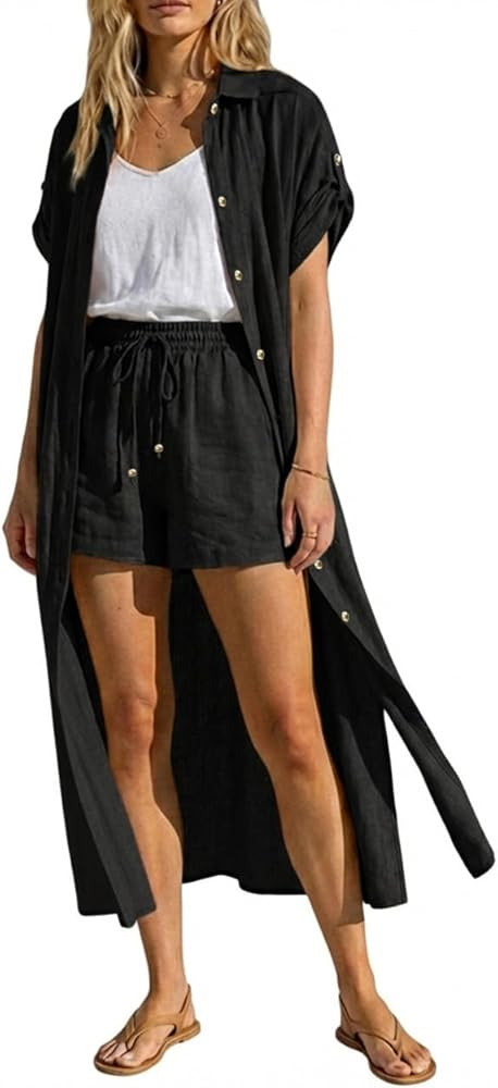 CHICME Two Piece Outfits Front Side Slit Mid length Shirt and Drawstring Elastic Waist Shorts Set... | Amazon (US)