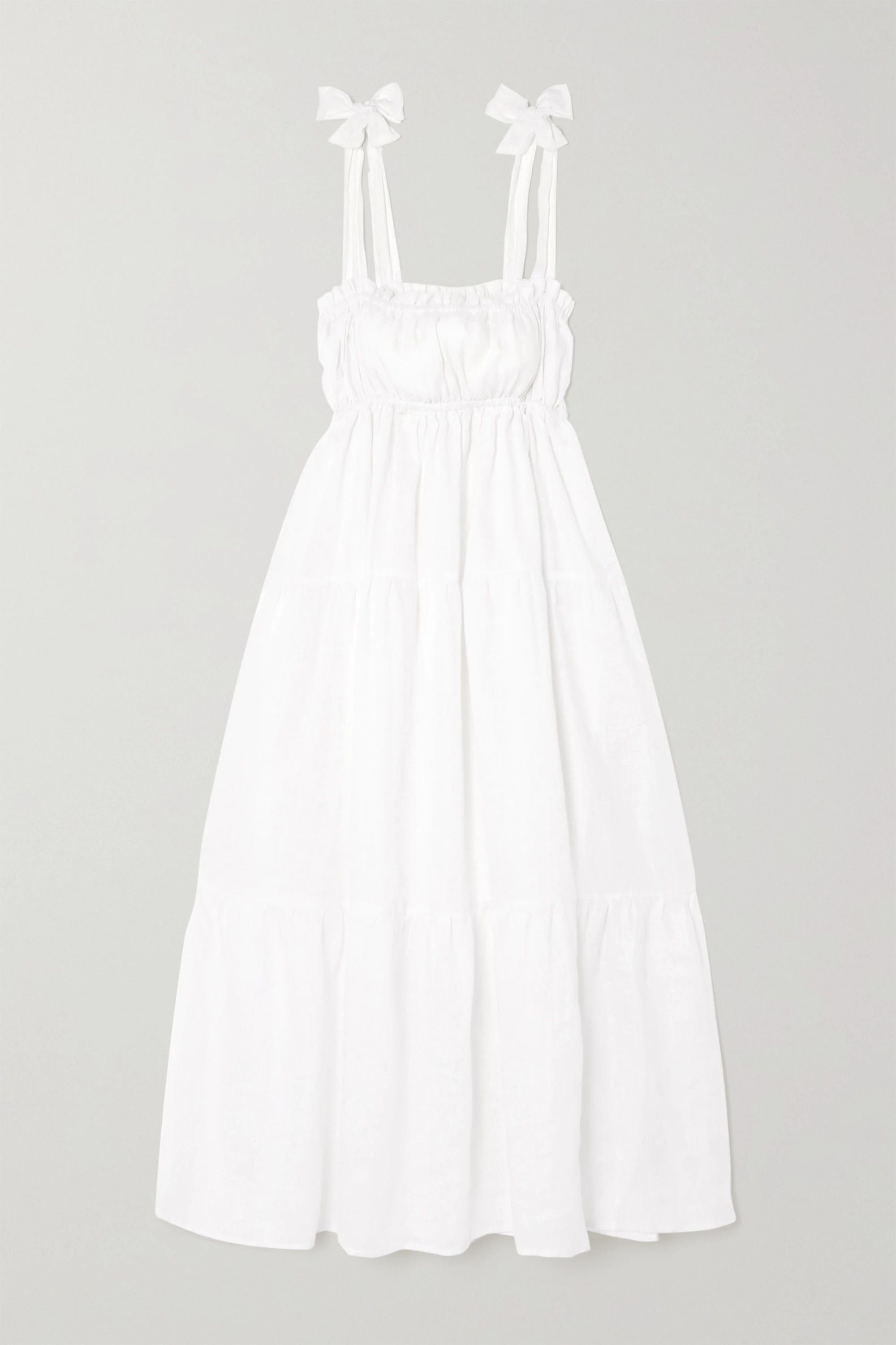 White + NET SUSTAIN Bellamy tie-detailed tiered linen midi dress | Faithfull The Brand | NET-A-PO... | NET-A-PORTER (UK & EU)