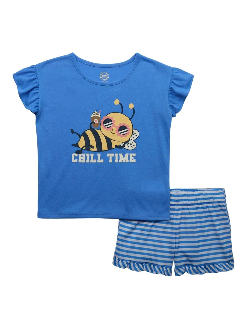 Wonder Nation Girls Short Sleeve Top and Sleep Short Pajama Set, 2-Piece, Sizes 4-18 & Plus - Wal... | Walmart (US)