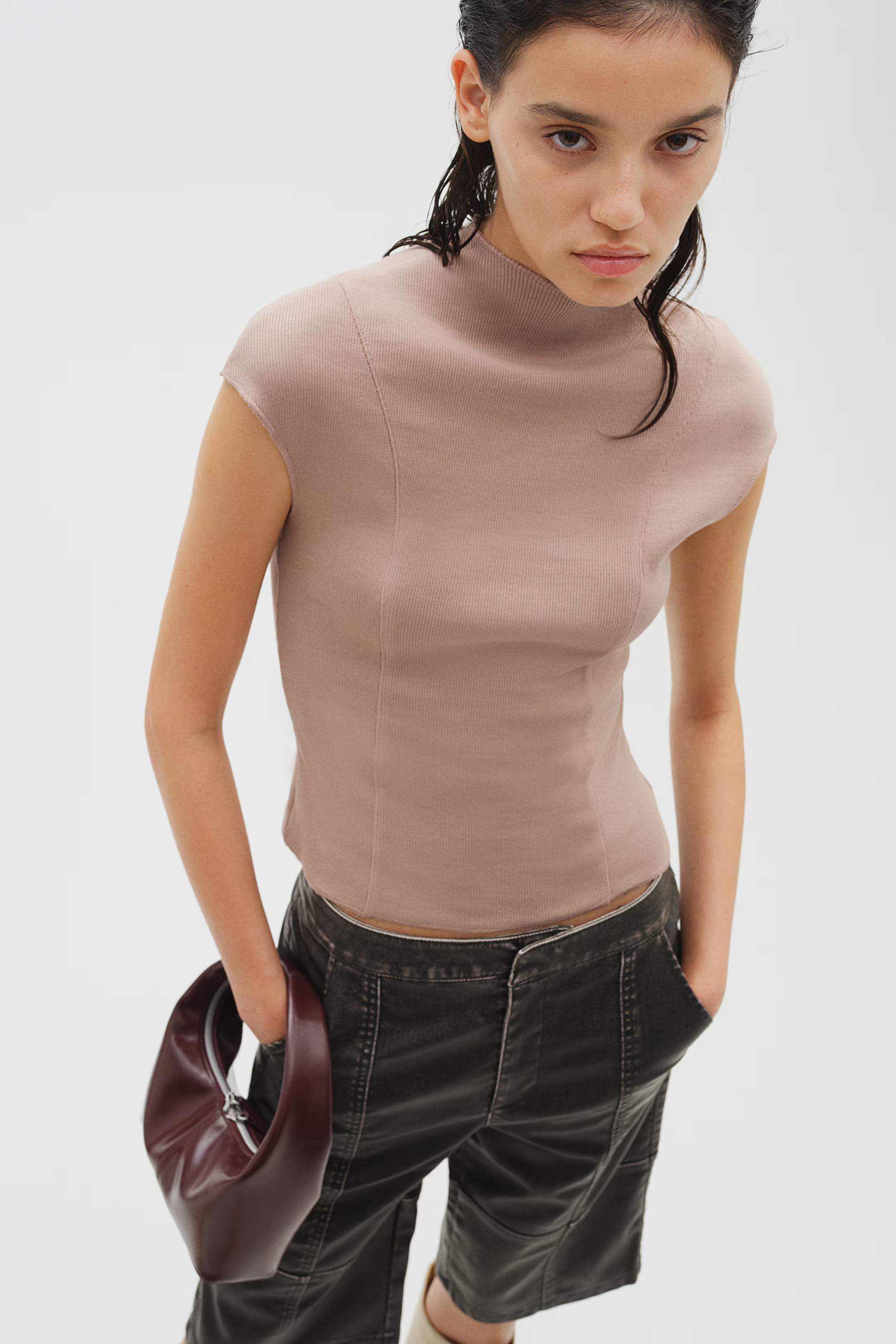 Ribbed Mock Turtleneck Top - Mock Turtleneck - Short sleeve - Dark gray - Ladies | H&M US | H&M (US + CA)