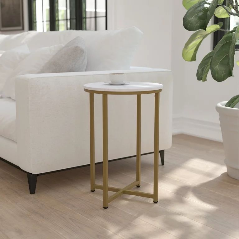BizChair End Table - Modern White Marble Finish Accent Table with Crisscross Brushed Gold Frame | Walmart (US)