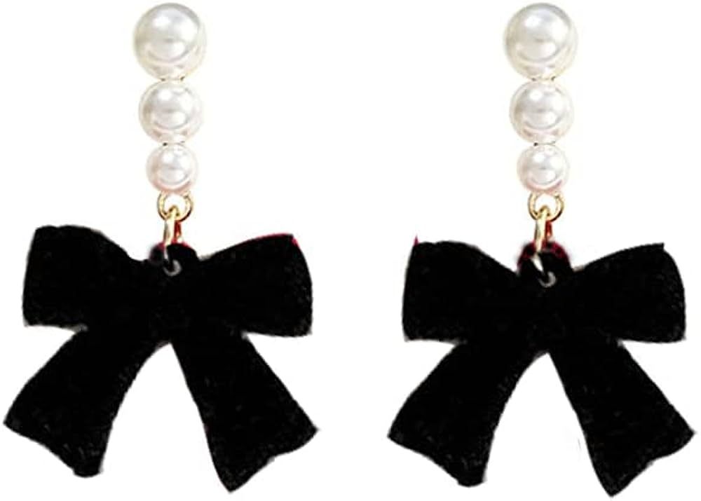 Black Bow Earrings Velvet Bowknot Dangle Earrings for Women Dainty Pearl Earrings for Girls Bride... | Amazon (US)