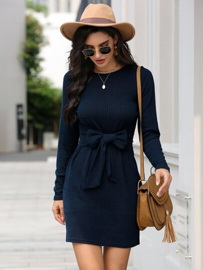 Crew Neck Tie Front Rib-Knit Dress | SHEIN