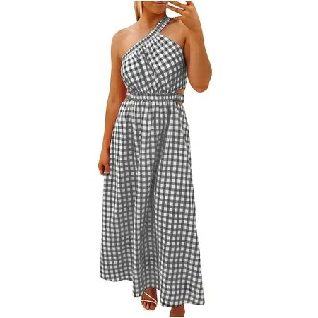 DOLKFU One Shoulder Dresses For Women Cut Out Elastic Waist Plaid Gingham Maxi Dress Sleeeless Vacat | Walmart (US)