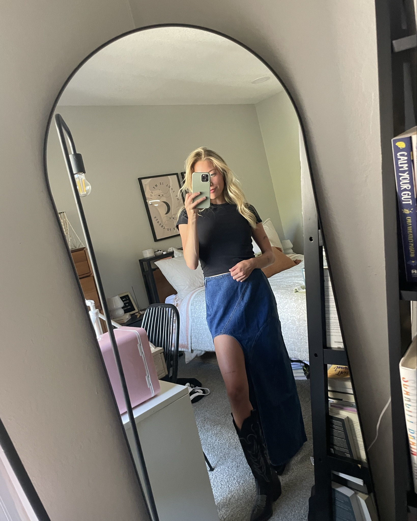 Something about black cowboy boots and a denim maxi skirt make me feel like THAT girl 🪩🫧🖤 I’m such a boot girl and love that cowboy boots are still acceptable in the summer. And a skirt like this feels so unique, flirty and fun even on a petite frame!! Absolutely wearing this to outdoor concerts and date nights all summer long. 

PLUS this skirt is 50% off and this essential baby tee from Abercrombie is only $25 👀 My go to tee, I have it in every color!!

#LTKFindsUnder50 #LTKSummerSales