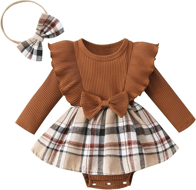 Newborn Baby Girl Fall Winter Outfit Set Plaid Romper Dress Ruffles Long Sleeve Clothes Jumpsuit ... | Amazon (US)