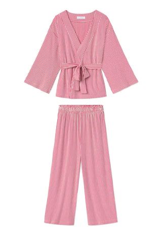 DreamKnit Kimono Pajama Set in Red Stripe | LAKE Pajamas