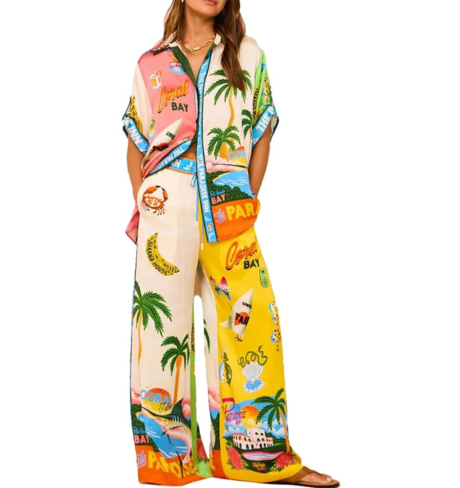 Women's Lounge Set Pajama Set Short Sleeve Hawaiian Shirt and Wide Leg Pants 2 Piece Outfits Casu... | Amazon (US)