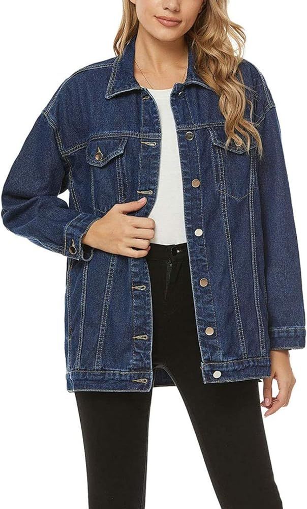 Women's Oversized Jean Jacket Plus Size Fashion Boyfriend Button Down Washed Denim Jacket | Amazon (US)
